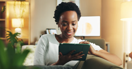Black woman, check or tablet in home with choice for online blog, interior design or social media....