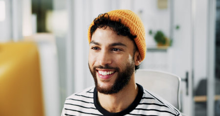 Creative, happy or man on computer in startup for artistic project, digital media or video editing....