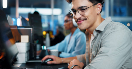 Office, businessman and glasses with computer for coding, web development and smile with confidence....