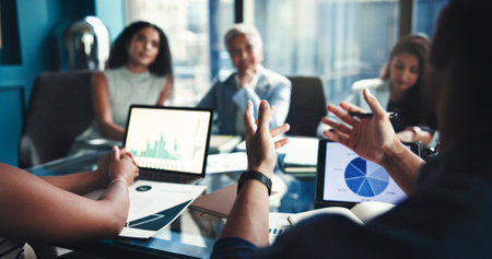 Finance, hands and tablet screen with business people in office boardroom for investment opportunity. Growth, portfolio and presentation with financial team in workplace for wealth managementの写真素材