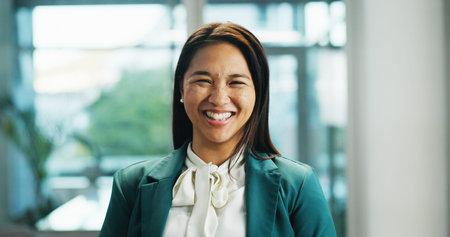Portrait, business and woman in office, funny and corporate professional with profit growth. Face,...