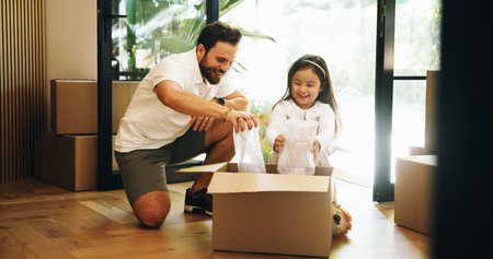 Box, moving in or relocation with dad and daughter in new home for property or real estate...