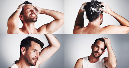 Collage, hair care and beauty with man in studio for shampoo, scalp health serum and dandruff treatment. Growth, texture and grooming with mature person on white background for cosmetics and oilの写真素材