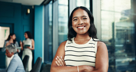 Arms crossed, finance or portrait of businesswoman in meeting for graphs, forecasting or accounting...