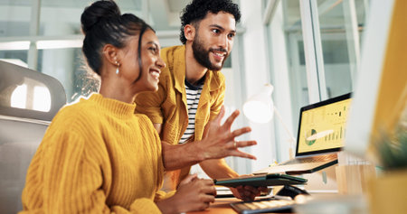Computer, stock market and business people in office, excited and screen with profit growth....