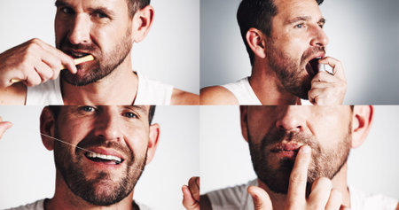 Man, collage and dental care with smile in studio, floss and spray for cleaning mouth by white...