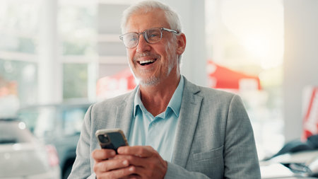 Businessman, happy and online with phone for dealership, thinking and website for car rental...
