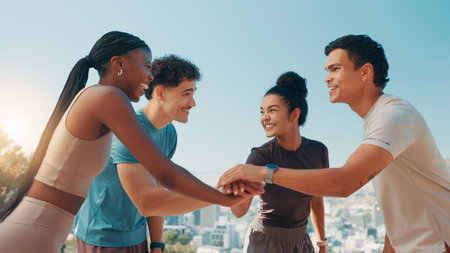 Happy people, fitness and hands together with team in huddle for workout, exercise or motivation....