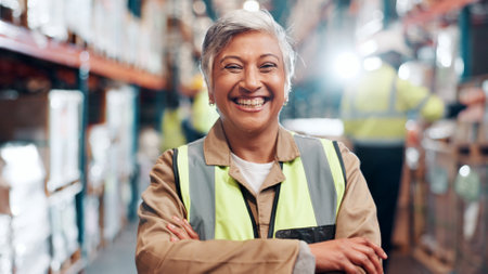 Happy woman, portrait and confident in warehouse for logistics, export business or inventory. Mature supervisor, safety or arms crossed in storage facility with smile for new distribution opportunityの写真素材