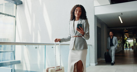 Business woman, travel and phone with suitcase for job opportunity or career trip at airport. Female...