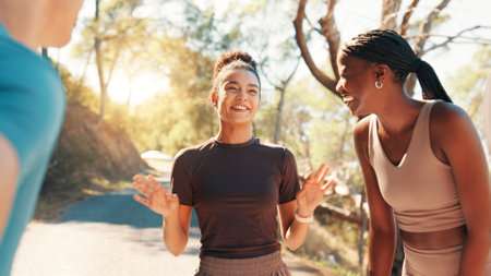Running, laughing and team with friends in nature for fitness, workout partners and health. Wellness, exercise club and support with people outdoor for performance, training and challenge togetherの写真素材