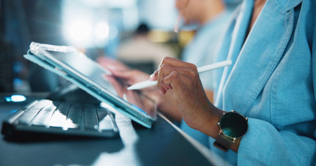 Tablet, developer and pen with hands of person in office for game designer, coding app and ux...