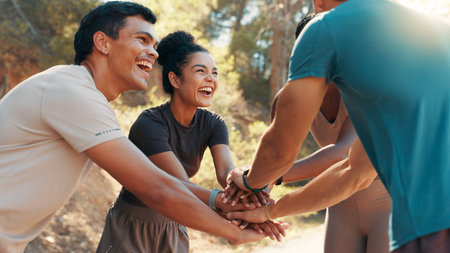 Exercise, huddle and running with friends outdoor together for bonding, motivation or support....