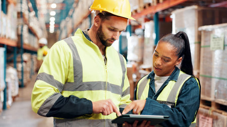 Discussion, people or tablet in warehouse for logistics, problem solving or inventory management....