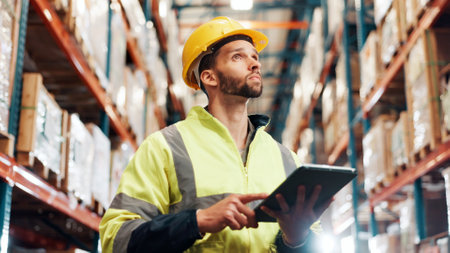 Man, tablet or shipping with inspection at storage facility, distribution info or check for quality control. Logistics, supply chain or delivery schedule on tech for inventory management at warehouseの写真素材