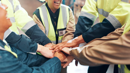 Hands, stack and people for shipping partnership, team mission or support with unity at warehouse....
