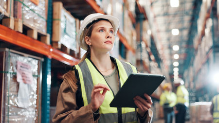 Woman, tablet and shipping for inspection at plant, inventory management or quality assurance of...
