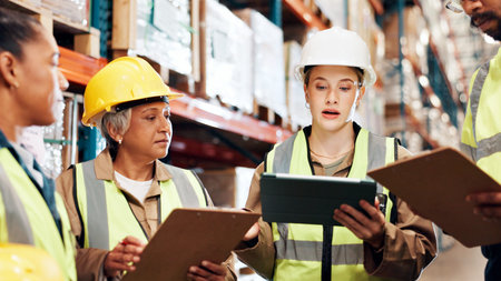Distribution, tablet and team with clipboard, logistics and conversation with planning for...