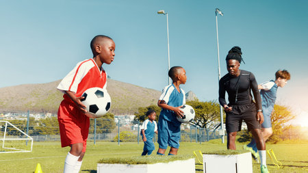 Children, drill and ball for soccer practice for fitness training, balance exercise and sports...