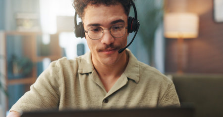 Video call, remote work and man with headset on laptop for conversation, online chat and virtual...