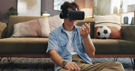 Simulation, gamer and man with vr headset, smile and 3D virtual reality with tech for games and...