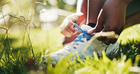 Fitness, hands and tie shoes on grass to start exercise, workout preparation and park training....