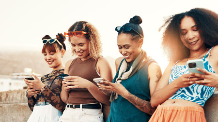 City, chat and group of friends with smartphone, gen z fashion and application for gossip. Flare,...