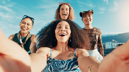 Happy women, friends or portrait with selfie in city for fashion style or picture together. Excited...