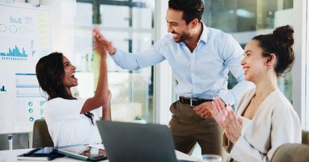 Business people, meeting or applause with high five in office for finance promotion, company success...
