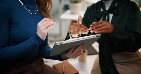 Business people, hands or discussion with tablet at night for project deadline or research at...