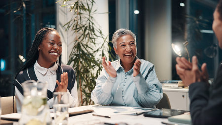 Promotion, applause and business people in meeting with success, winning or finance deal at night....