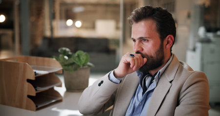 Office, night and businessman with thinking for solution, finance project or eyes reflection of...