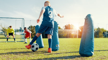 Sports field, children and soccer player with skills, active and athlete with energy for match and cardio. Playing, football and kids with sportswear for game, growth and development with fitnessの写真素材