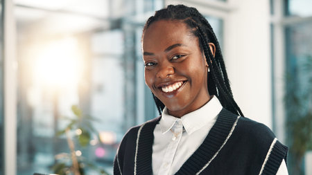Happy, office and portrait of business black woman with confidence, pride and smile for career....