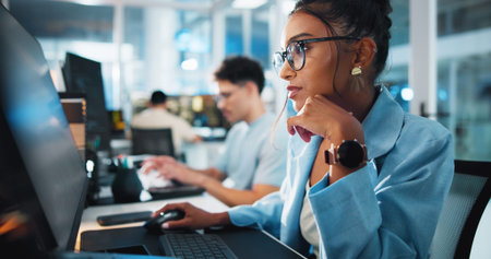Computer, programmer and thinking with woman in office for game designer, coding idea and ux update....