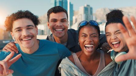 Happy friends, portrait or fitness with selfie in city for picture, photography or memory together....