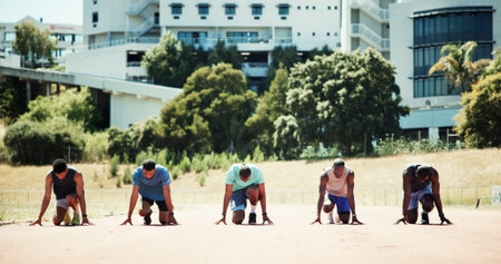 Athlete, people and starting line for race for exercise, training and competition for marathon....