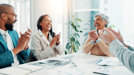 Business people, laugh and group clapping in office for success, excited or celebrate financial...