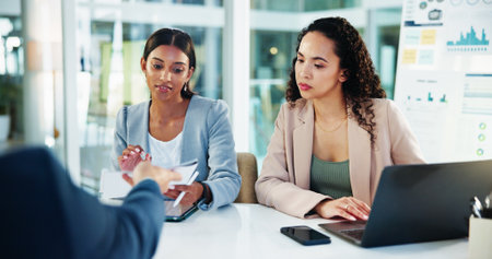 Business, discussion and people with documents in meeting to assess financial performance, forecasting or planning. Finance manager, teamwork or stats report for timeline review or cash flow analysisの写真素材