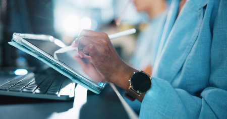 Tablet, designer and stylus with hands of person in office for game developer, coding app and ux update. Software development, graphics upgrade and level gameplay with closeup of employee in agencyの写真素材