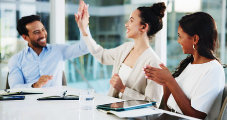 Business, applause or people with high five in office for finance promotion, company achievement or...
