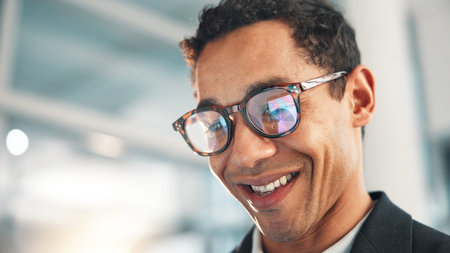 Glasses, smile and tablet with employee man in office for administration, planning or research. App,...