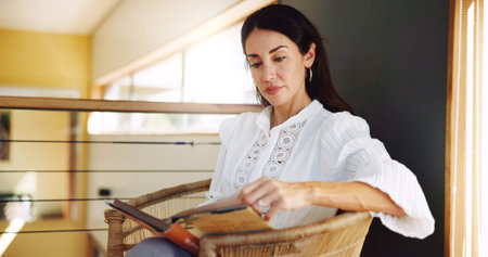 Mature woman, home and reading book on chair for literature hobby, magazine and fiction story to relax. House, comfortable and female person with novel on break for fantasy, learning and knowledgeの写真素材