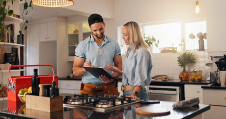 Woman, man and plumber with clipboard in home for invoice, report and talk for repair in kitchen....