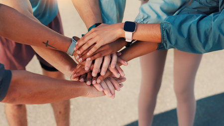 People, fitness and hands together with huddle in city for workout goals, motivation or mission....