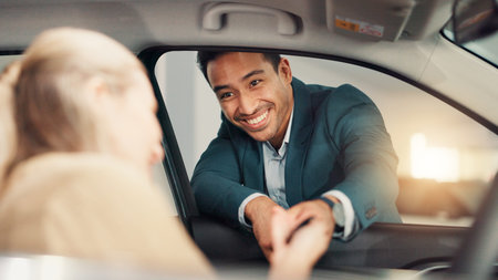 New car, woman or happy salesman with keys at dealership for purchase success, transport hire or...