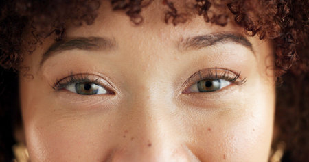 Closeup, face and woman with eyes for vision, eyecare or contact lenses for eyesight, optometry and wellness. Retina, iris and ophthalmology with female person, lashes or eyebrows with healthの写真素材