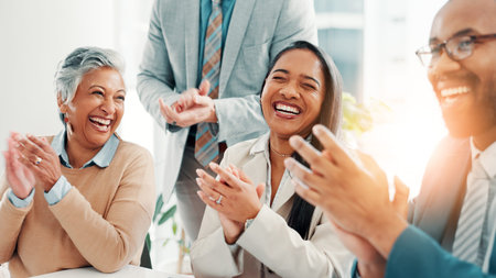 Business people, laugh and audience clapping for support, success or celebrate milestone at...