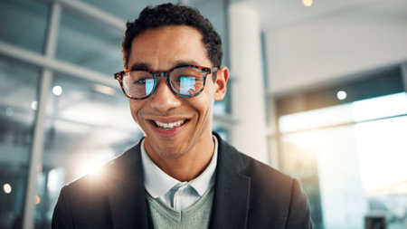 Glasses, smile and tablet with business man in office for administration, planning and research. App reflection, finance and report with happy professional in corporate workplace for review of infoの写真素材