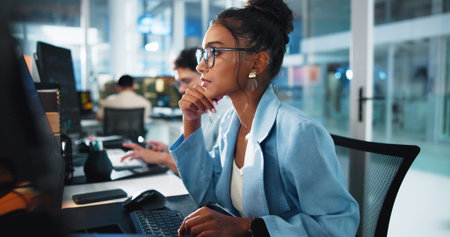 Thinking, programmer and woman with computer, office and serious for project on website, reading and...